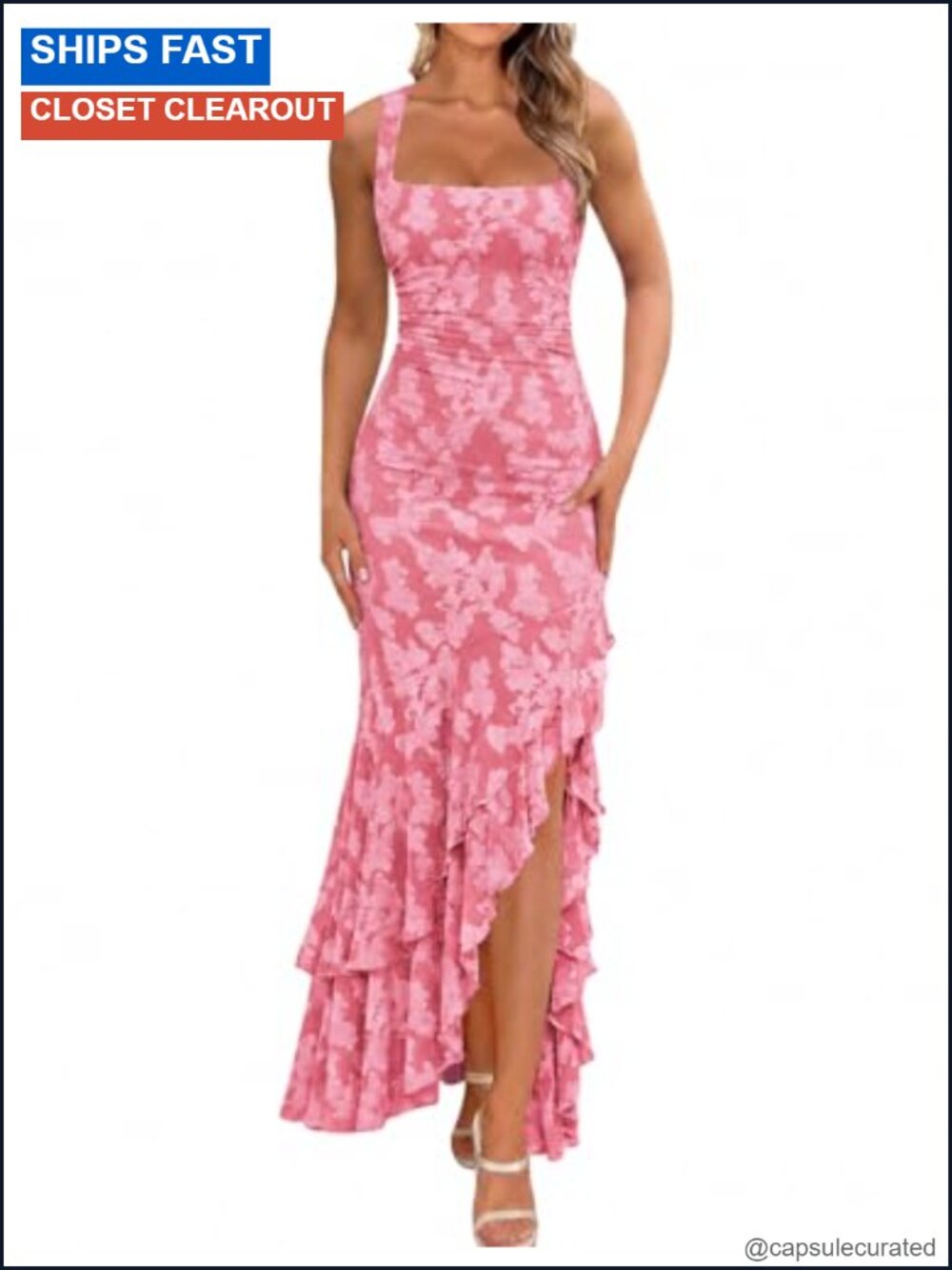 Elegant Ruched Floral Maxi Dress Sleeveless Square Neck High Slit